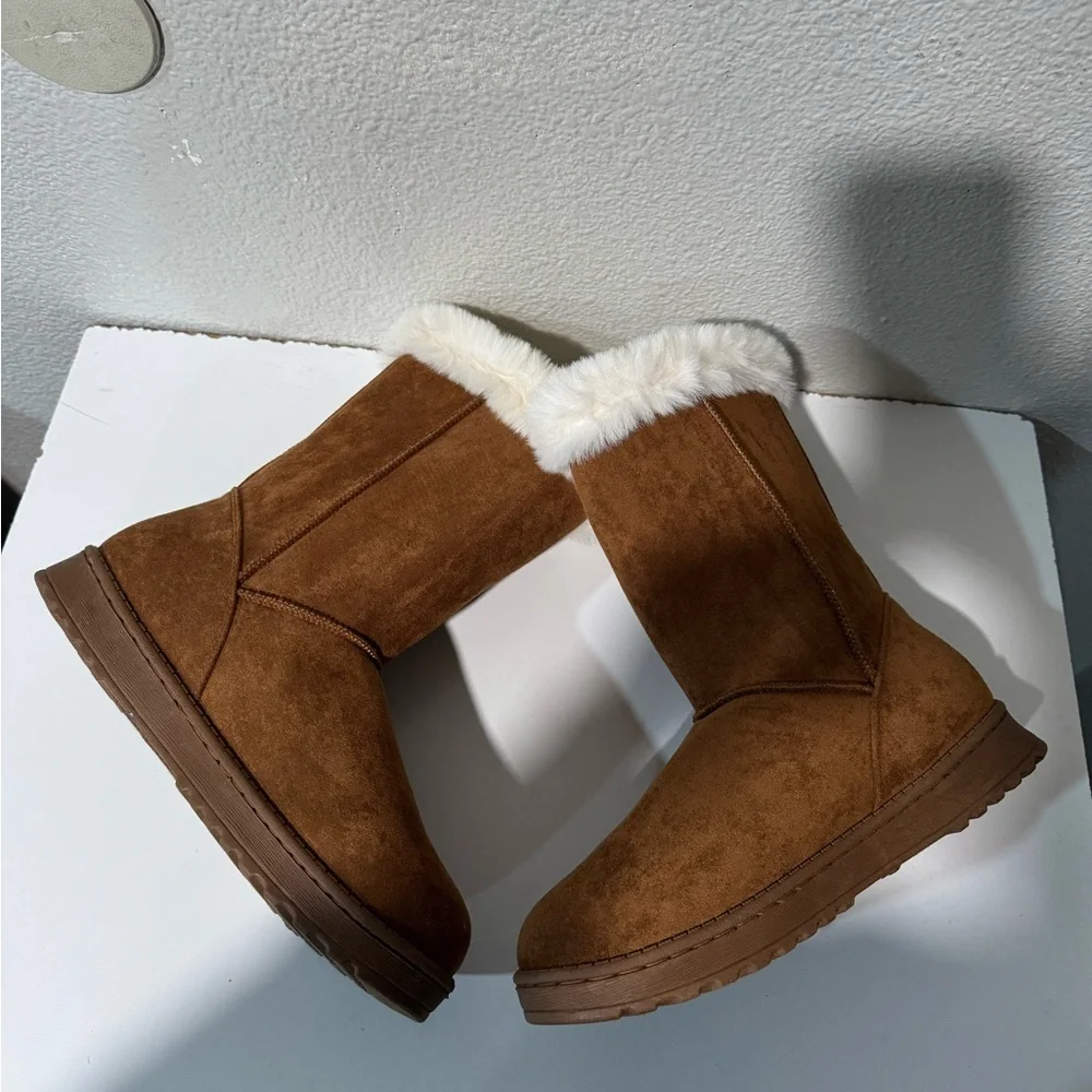 SO Women's Abigail Comfort Pull On Chestnut Faux-Fur Winter Boots -various